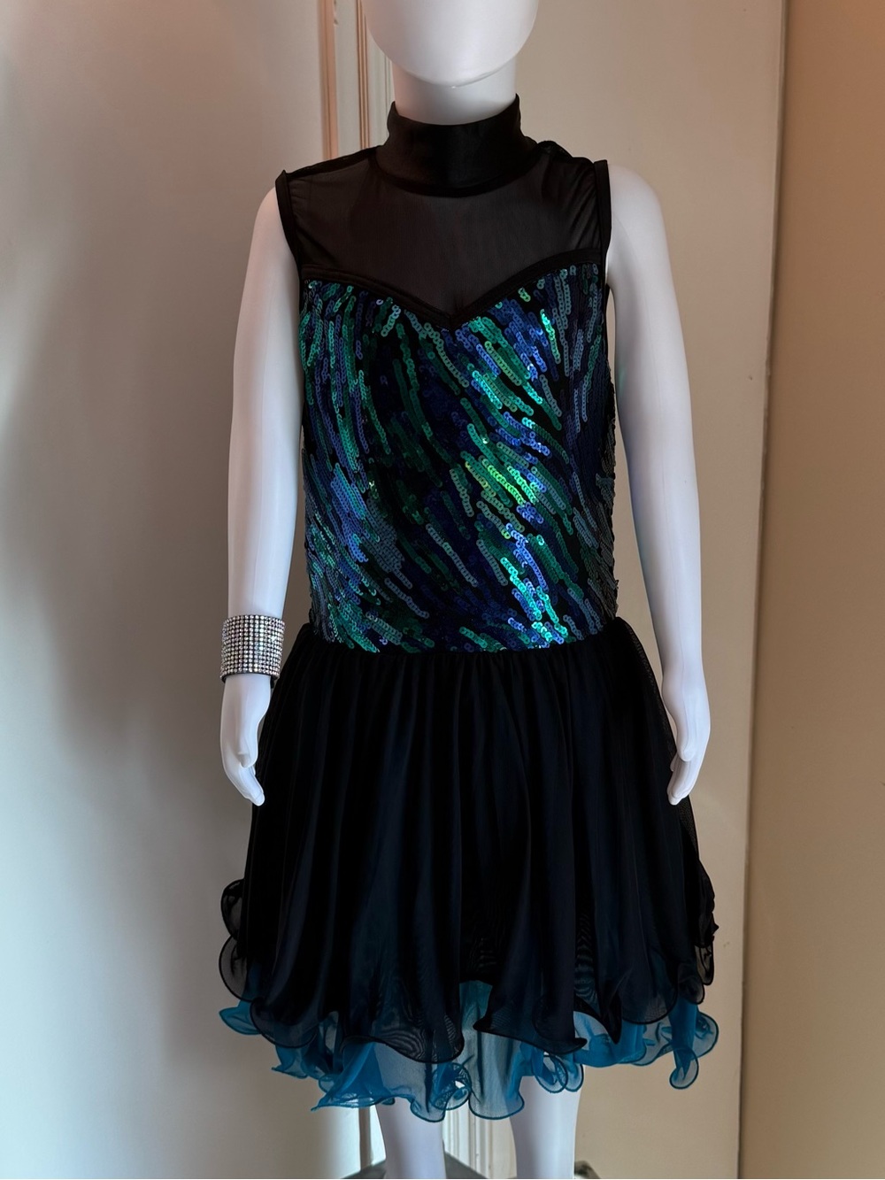 Girls Large Child Peacock Sequin Dance Costume Black Teal Skirt LC